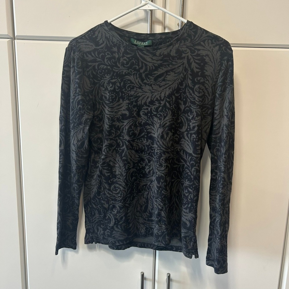 Lauren Ralph Lauren Womens Damask Scroll Print‎ Long Sleeve Top Black Grey Small